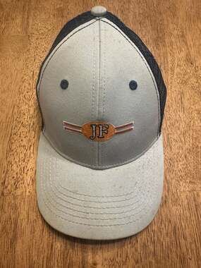 Jones Farm JF Logo Gray and Navy Blue Mesh Back Trucker Hat